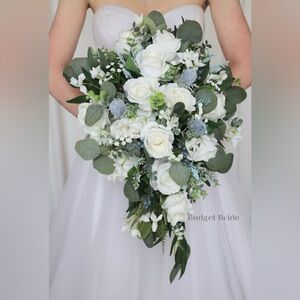 Handmade Bridal Bouquet Dusty Blue, White and Greenary Florals